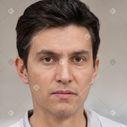 Neutral white adult male with short  brown hair and brown eyes