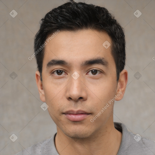 Neutral asian young-adult male with short  black hair and brown eyes