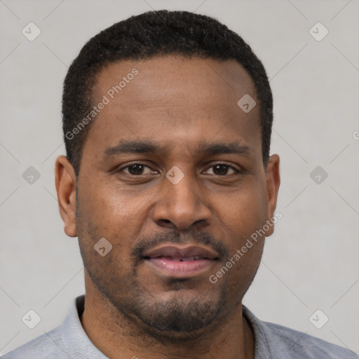 Neutral latino young-adult male with short  brown hair and brown eyes