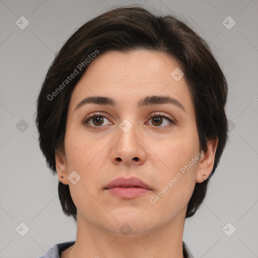 Neutral white young-adult female with medium  brown hair and brown eyes