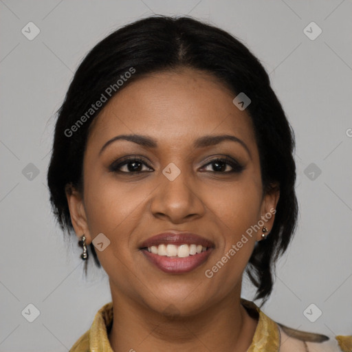 Joyful black young-adult female with medium  black hair and brown eyes