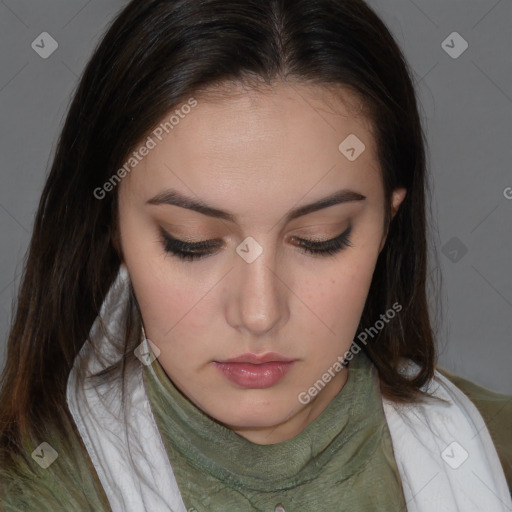 Neutral white young-adult female with medium  brown hair and brown eyes