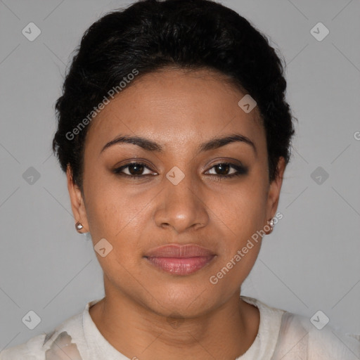 Joyful latino young-adult female with short  black hair and brown eyes