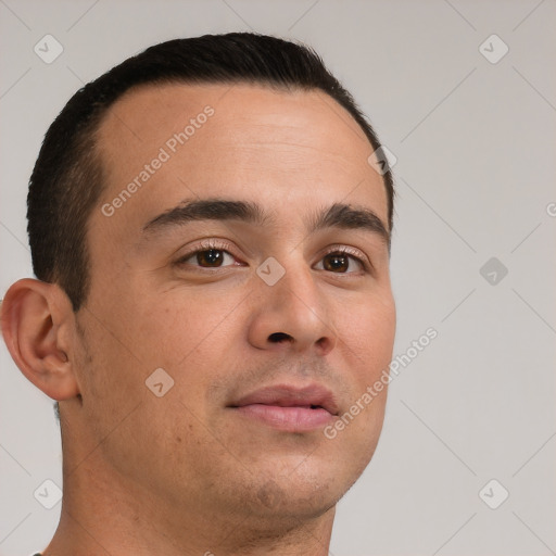 Neutral white young-adult male with short  brown hair and brown eyes