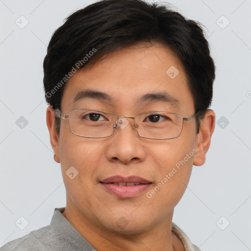 Joyful asian adult male with short  brown hair and brown eyes