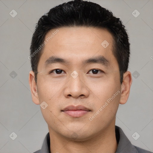 Neutral asian young-adult male with short  black hair and brown eyes