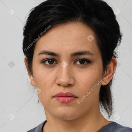 Neutral asian young-adult female with medium  brown hair and brown eyes