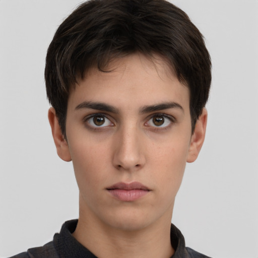 Neutral white young-adult male with short  brown hair and brown eyes