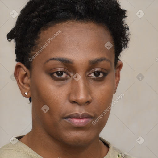 Neutral black young-adult female with short  brown hair and brown eyes