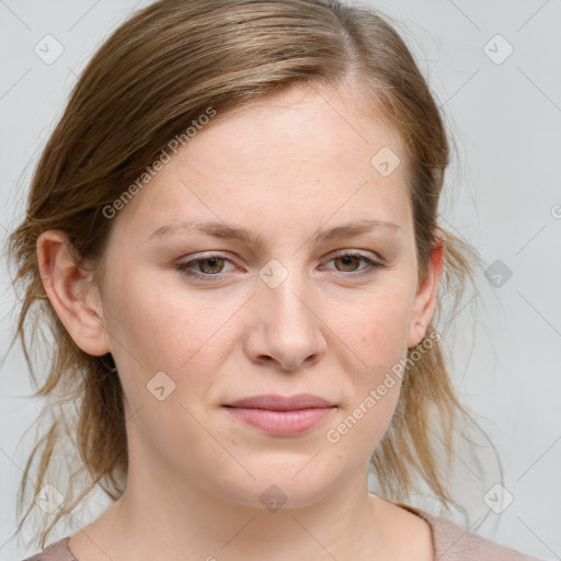 Joyful white young-adult female with medium  brown hair and blue eyes