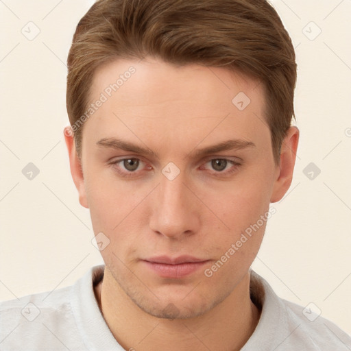 Neutral white young-adult male with short  brown hair and brown eyes