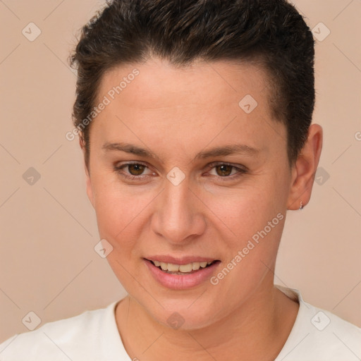 Joyful white young-adult female with short  brown hair and brown eyes