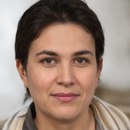 Joyful white adult female with medium  brown hair and brown eyes