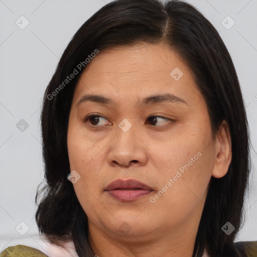 Joyful white adult female with medium  brown hair and brown eyes