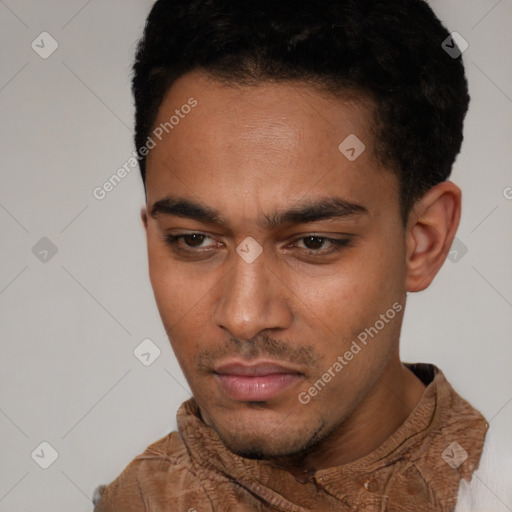 Neutral white young-adult male with short  black hair and brown eyes