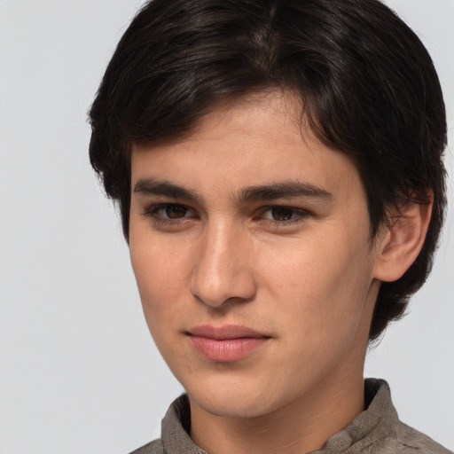 Joyful white young-adult male with medium  brown hair and brown eyes