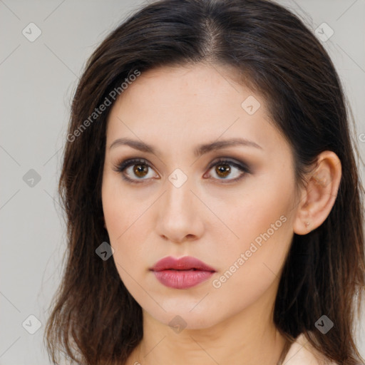 Neutral white young-adult female with long  brown hair and brown eyes