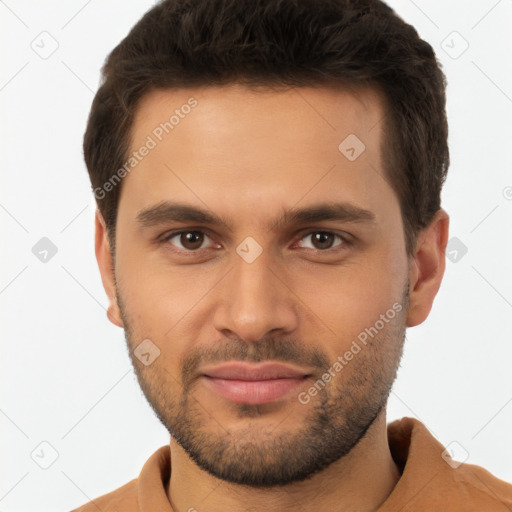 Joyful white young-adult male with short  brown hair and brown eyes