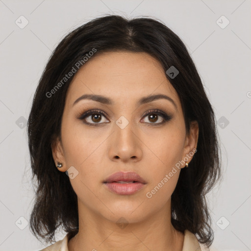 Neutral asian young-adult female with medium  brown hair and brown eyes