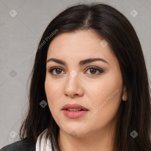 Neutral white young-adult female with long  brown hair and brown eyes