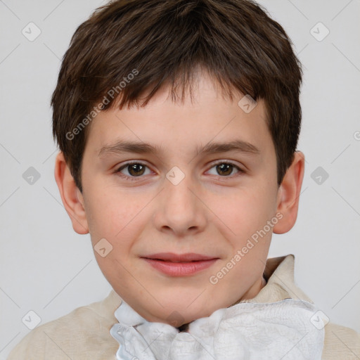 Joyful white child male with short  brown hair and brown eyes