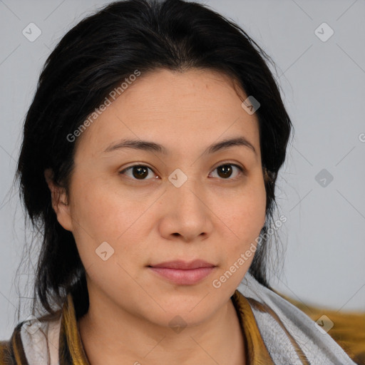 Neutral white young-adult female with medium  brown hair and brown eyes