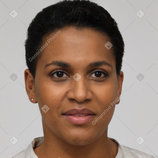 Joyful black young-adult female with short  black hair and brown eyes