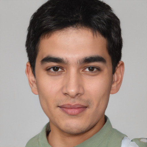 Neutral white young-adult male with short  black hair and brown eyes