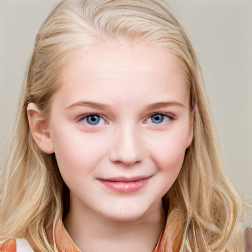 Joyful white child female with long  brown hair and blue eyes