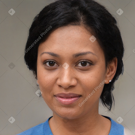 Joyful black young-adult female with medium  black hair and brown eyes