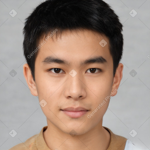 Neutral asian young-adult male with short  brown hair and brown eyes