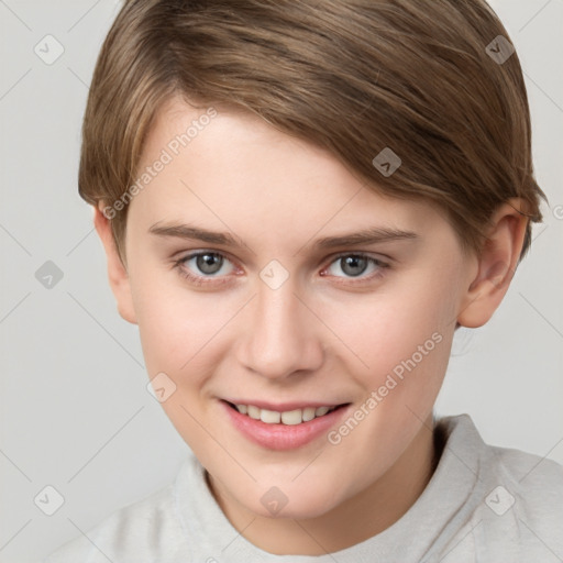 Joyful white young-adult female with short  brown hair and grey eyes