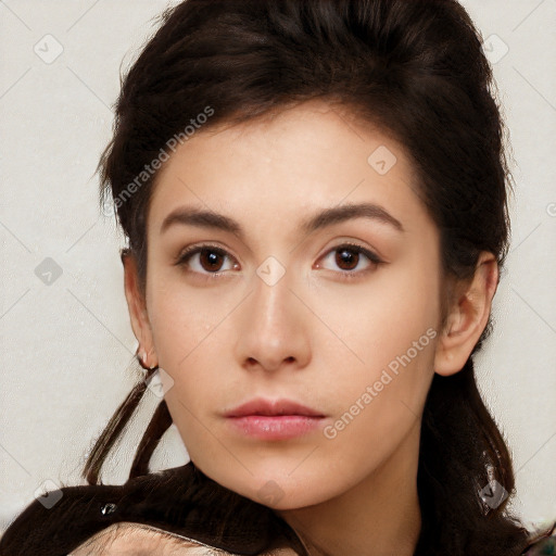 Neutral white young-adult female with long  brown hair and brown eyes