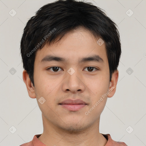 Neutral asian young-adult male with short  black hair and brown eyes