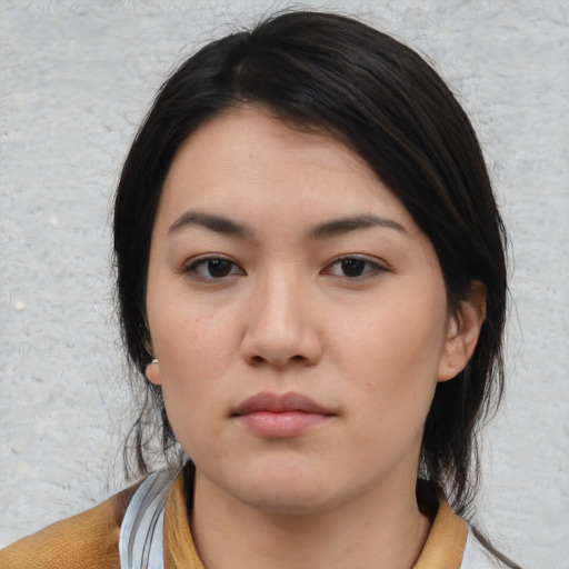 Neutral asian young-adult female with medium  black hair and brown eyes