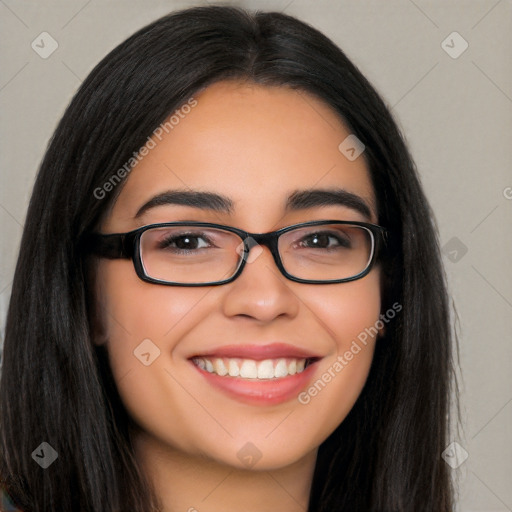 Joyful latino young-adult female with long  black hair and brown eyes