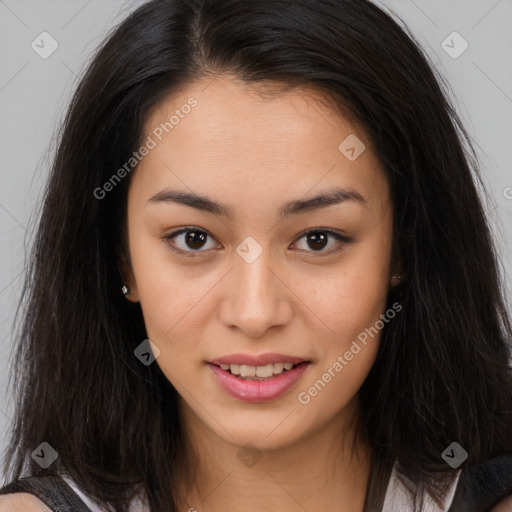 Joyful asian young-adult female with long  brown hair and brown eyes