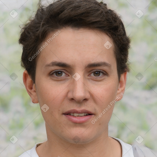 Joyful white young-adult female with short  brown hair and brown eyes