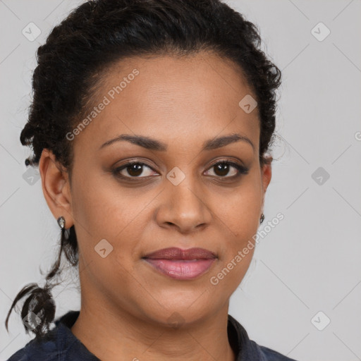 Joyful latino young-adult female with short  brown hair and brown eyes