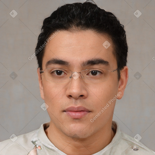 Neutral latino young-adult male with short  black hair and brown eyes