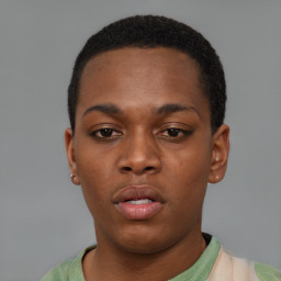 Neutral black young-adult male with short  black hair and brown eyes