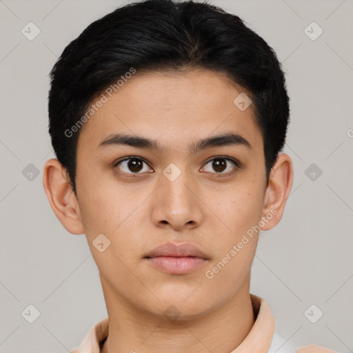 Neutral asian young-adult male with short  brown hair and brown eyes
