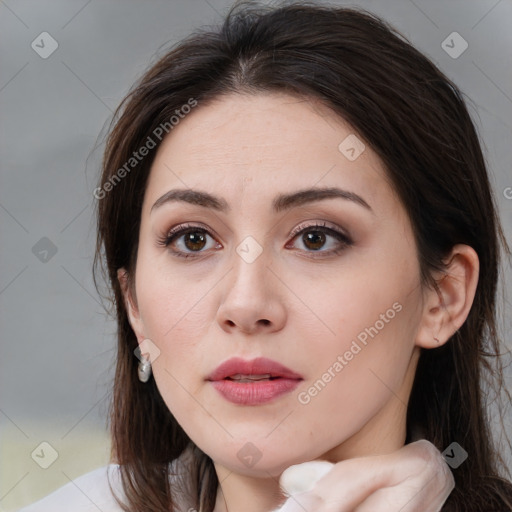 Neutral white young-adult female with medium  brown hair and brown eyes