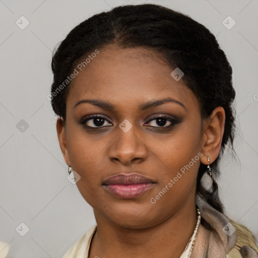 Joyful latino young-adult female with short  black hair and brown eyes