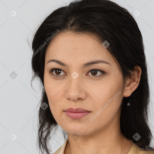 Neutral asian young-adult female with long  brown hair and brown eyes