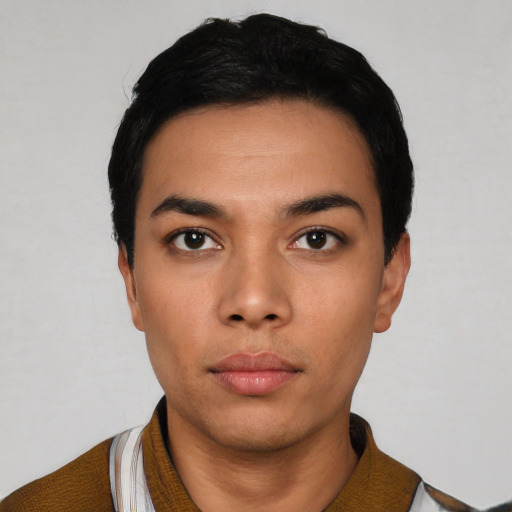 Neutral latino young-adult male with short  black hair and brown eyes