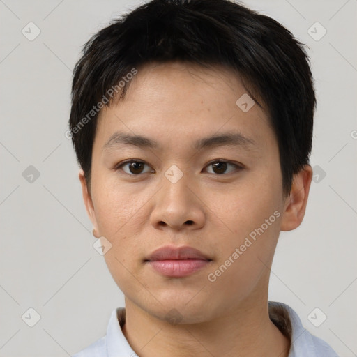 Neutral asian young-adult male with short  brown hair and brown eyes