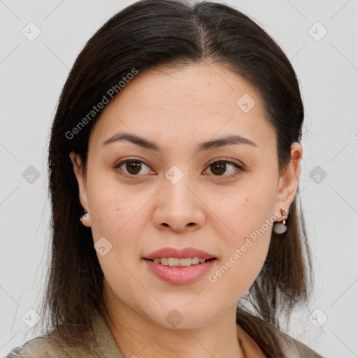 Joyful white young-adult female with medium  brown hair and brown eyes