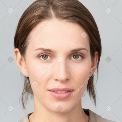 Neutral white young-adult female with medium  brown hair and grey eyes