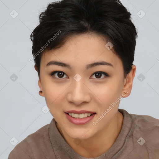 Joyful asian young-adult female with short  brown hair and brown eyes